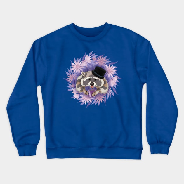 Raccoon with purple flowers with a mug of coffee. Watercolor Crewneck Sweatshirt by KateQR